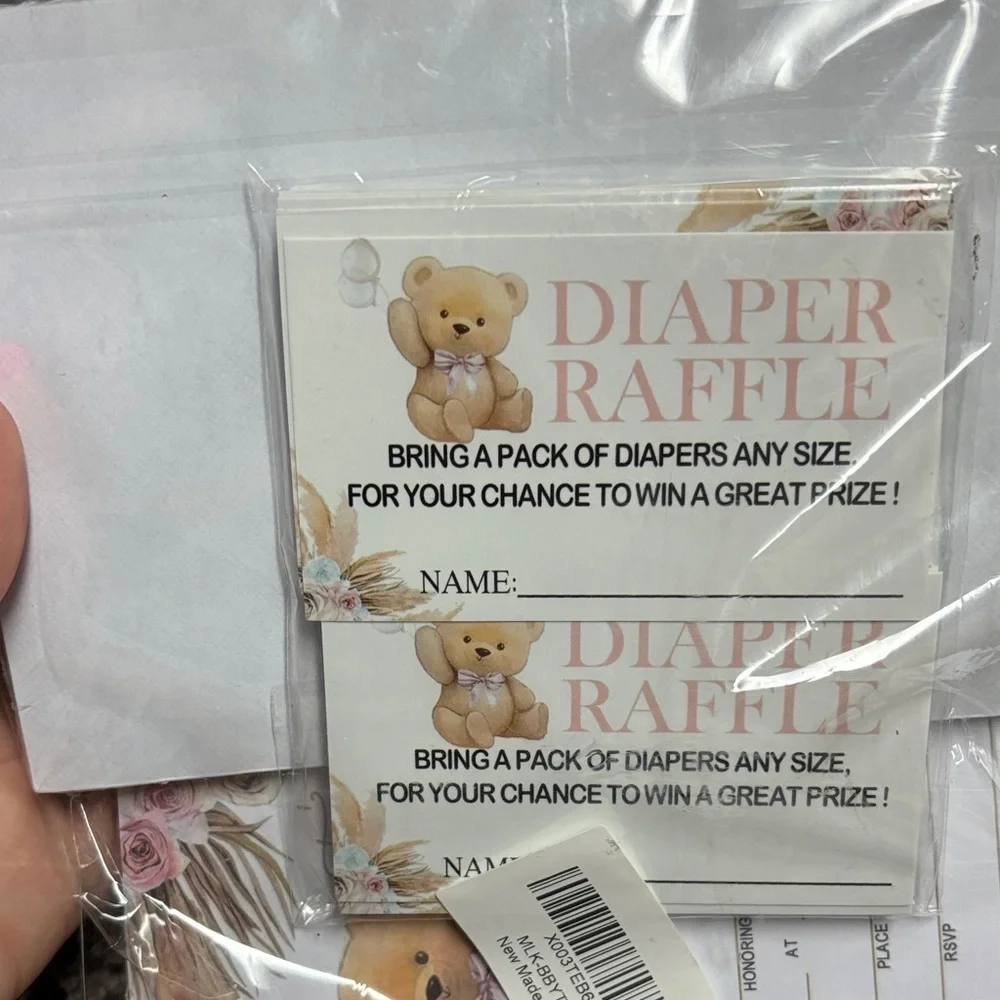 Baby Girl Shower Invitation Cards with Teddy Bear Design and Diaper Raffle